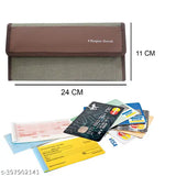 A beige woven textured fabric checkbook holder with a multi-pocket expandable zip pouch and multiple card slots, suitable for vehicle documents or personal items