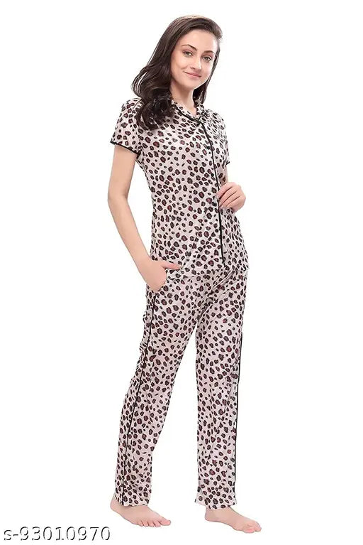 Women's satin camouflage night suit set (NWSD041TG2PCMulticolored), hand-washable printed satin for a comfortable sleep experience. Ideal for sleepwear, loungewear, or nightwear