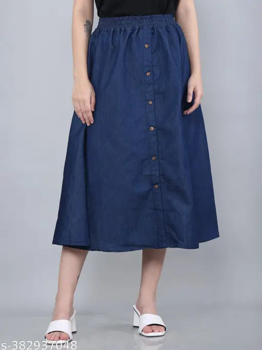 below-the-knee length A-line denim skirt, elastic waistband, versatile style, classic blue color, women's jeans skirt, high-quality denim fabric