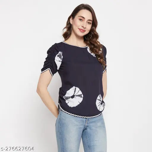 Tie-dye rayon women's tunic top with short sleeves, puff sleeves & lace detailing - India