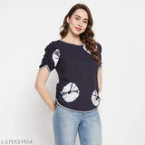 Tie-dye rayon women's tunic top with short sleeves, puff sleeves & lace detailing - India