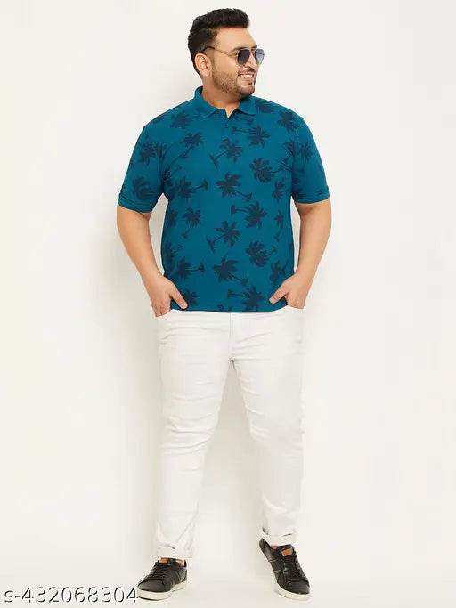 Men's plus size cotton blend polo collar T-shirt with allover print, featuring short sleeves and available in sizes 4XL (50in chest, 30.5in length) and 5XL (52in chest, 31in length). Made in India