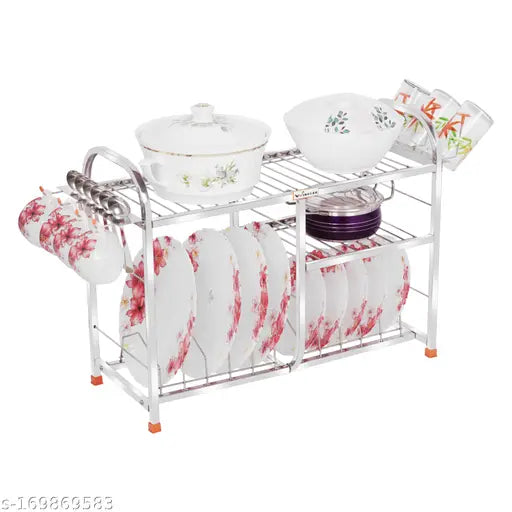 Stainless steel 3-shelf wall mount kitchen utensils rack with lower shelf for plates and upper shelves for cutlery and additional storage, includes 18 inch height x 24 inch length x 2 plate lower shelf