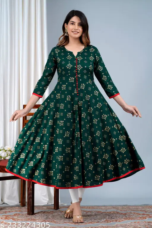 Rayon three-quarter sleeve printed gown with kundan and bead embellishments, handcrafted from India