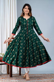 Rayon three-quarter sleeve printed gown with kundan and bead embellishments, handcrafted from India