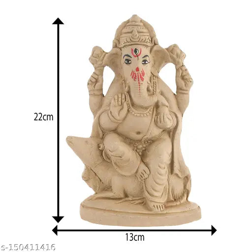 Handcrafted beige Ganesh idol, 13cm, mud mitti, traditional, for Visarjan.