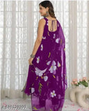 Purple Georgette gown with big flower print, ideal for women's daily luxury wear. Exquisite design features samosa lace border and 3/4 sleeves, designed to flatter all body types. Full cotton lining and round neck