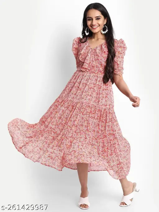 Floral Print Tiered Ruffle Midi Dress in Pink, chiffon material, women's size S-6XL for cocktail or formal events