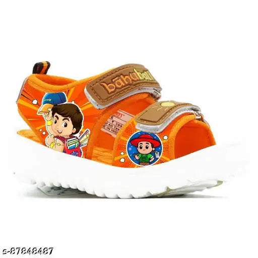 Orange, tan, green PVC sandals for boys age 2-3 years, Chhota Bheem printed net design, Velcro fastening
