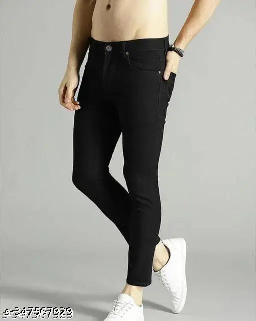 Plain black cotton jeans for men, size 30. Solid black denim wear on a hanger