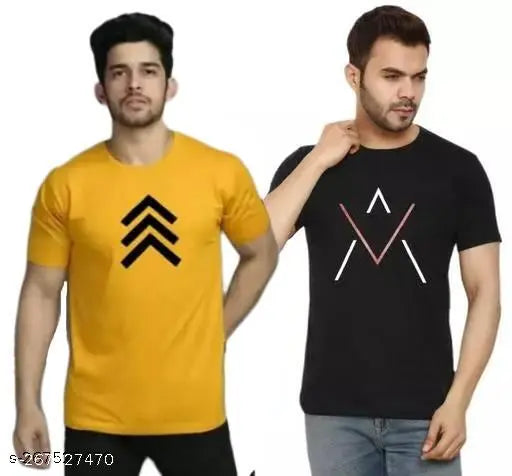 Rebozo: Men's Graphic Print Cotton Blend Mustard And Black T-Shirt Combo (Pack of 2)