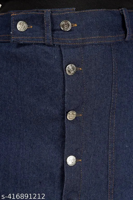 Blue denim button side-split long state skirt for women & girls, solid pattern, stylish long skirt on display