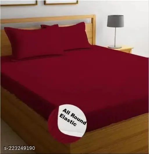 Maroon cotton fitted striped king-sized double bedsheet with 2 pillow covers, 220TC, ideal for summer, PURE COTTON FABRIC