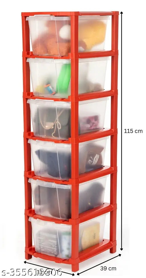 Red transparent drawer storage organizer, 6 layer capacity