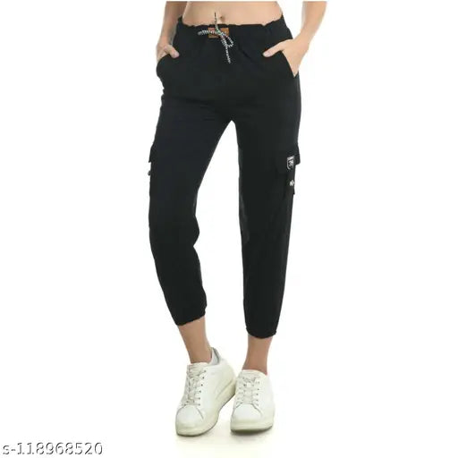 Dark green stretchable drawstring waist cargo trousers or joggers for women and girls