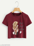Women's printed regular fit crop t-shirt, 180 GSM cotton fabric, short sleeves with vibrant design
