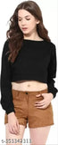 Black cotton blend crop top with long sleeves, solid round neck for women's fashion