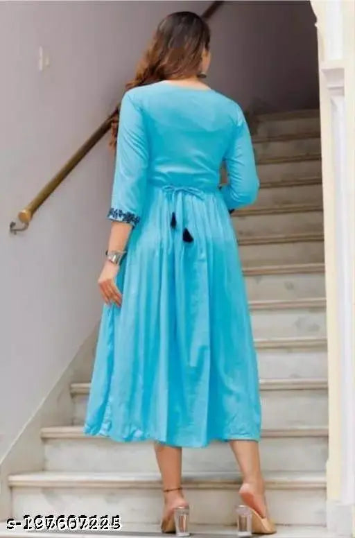 Malti MintBLUE rayon three-quarter sleeve embroidered blouse, India-made fashion for women (S: 36in bust, 26in size length)