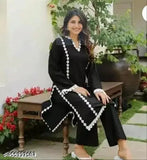 Black Rayon kurta with pant set, three-quarter sleeves, solid pattern for women's clothing, Pakistani style