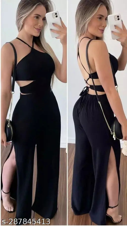 Black lycra sleeveless jumpsuit for girls, solid pattern from Ekeshwara, extending Indian fashion wardrobe