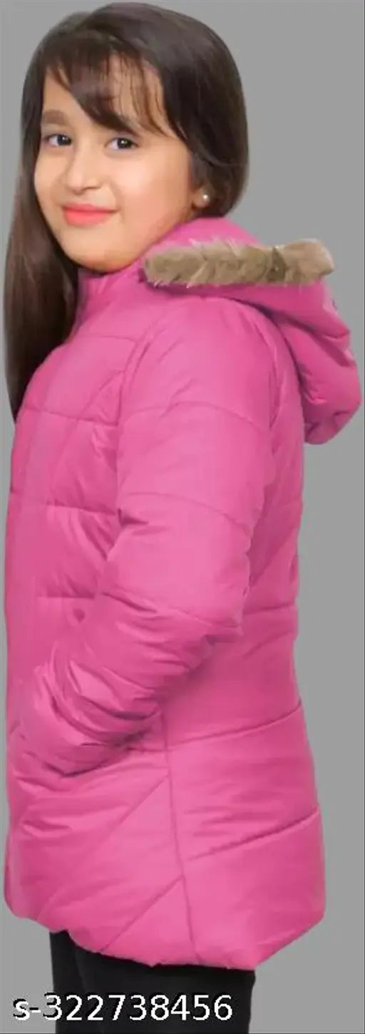 Pink puffer jacket with hood, designed for kids