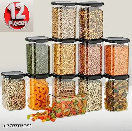 Transparent plastic airtight containers with black lids, for kitchen storage or groceries, BPA-free, unbreakable, 1100 ml set of 12