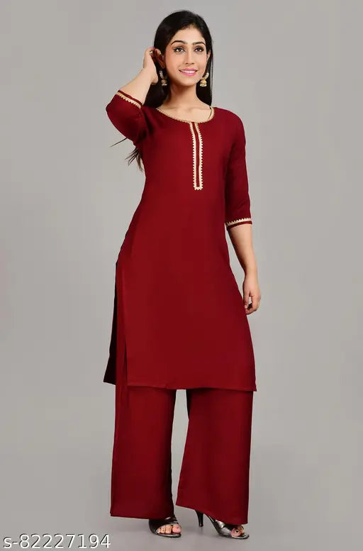 Maroon rayon kurta with palazzos - beautiful straight regular sleeve set, single size available