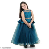 Teal blue satin full-length girls party dress with lace details