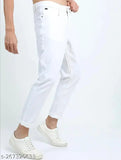 White denim men's pant, solid design, waist size 26-36 inches, length 42 inches, made in India