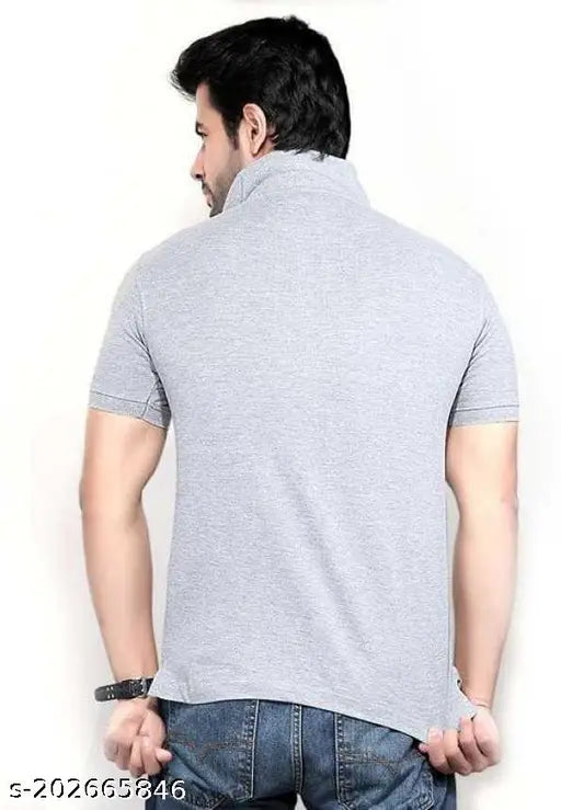 Grey cotton blend men's polo t-shirt, short sleeves, solid pattern, high durability