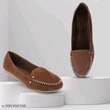 Brown suede women's loafers with silver detailing, slip-on style.