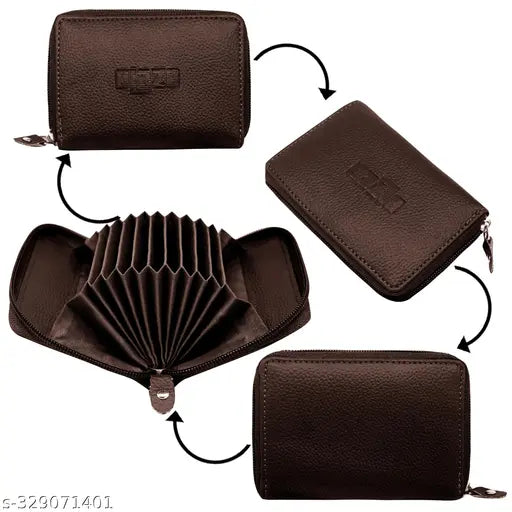 Brown genuine leather unisex card holder with zip closure, featuring 9 card slots and 2 cash compartments, ideal for men and women