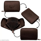 Brown genuine leather unisex card holder with zip closure, featuring 9 card slots and 2 cash compartments, ideal for men and women