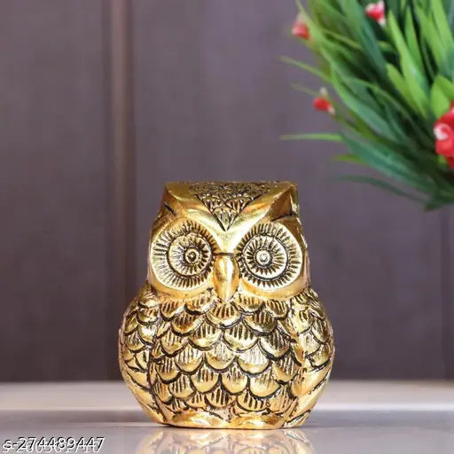 Metal owl table showpiece, 9cm x 8.5cm x 9cm, for home office and gifting, brings luck and happiness