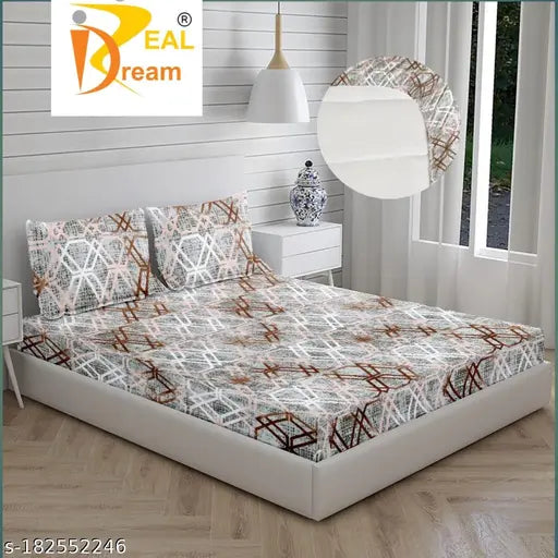 Brown glace cotton fitted bedsheet with 2 pillow covers by Swami Fabrics, geometric print on elastic soft and attractive bedding ideal for summer season, adult mattresses, easy care instructions included