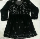 Red Georgette Long-Sleeve Chikankari Frock Top/Kurti Top, Indian Lucknowi design