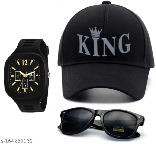 Black squar dial watch combo with black king base cap and black polarized sunglasses for men and boys, cotton baseball cap with printed net pattern