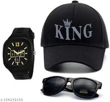 Black squar dial watch combo with black king base cap and black polarized sunglasses for men and boys, cotton baseball cap with printed net pattern