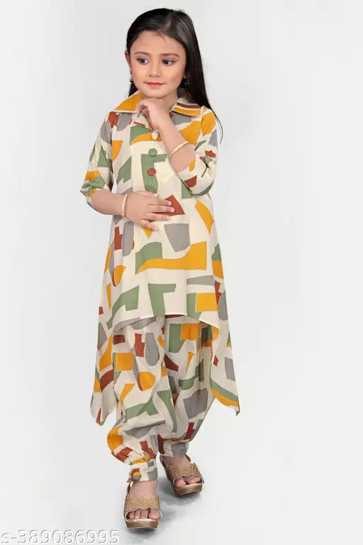 A-line pure cotton pyjamas set for kids, solid color Giomatric design, 2-12 years, India origin
