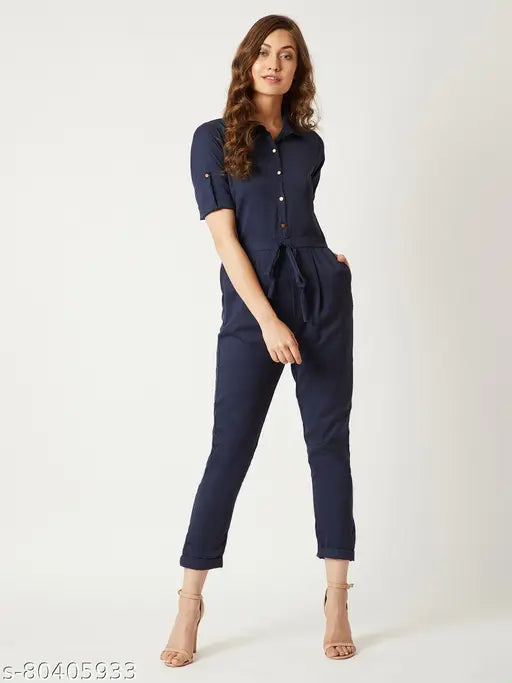 Navy blue crepe Miss Chase women's solid round neck jumpsuit with three-quarter sleeves