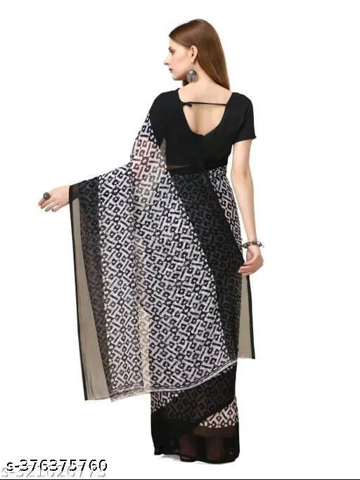 Georgette saree, black border with white floral pattern