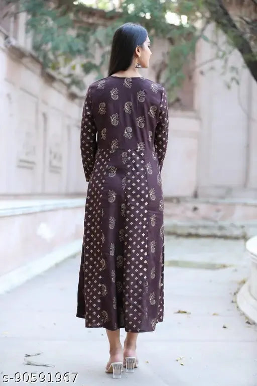 Rayon gold printed designer contrast print Anarkali kurti with three-quarter sleeves, brown color, featuring 12 Kali joints and wooden beads/stones. Indian women's fashion