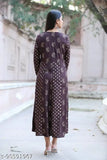 Rayon gold printed designer contrast print Anarkali kurti with three-quarter sleeves, brown color, featuring 12 Kali joints and wooden beads/stones. Indian women's fashion