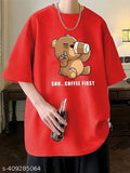 Coffee First red unisex oversized t-shirt, cotton blend with three-quarter sleeves, printed design for men and women, size M on display