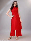 Red cotton blend sleeveless kurta and palazzo set with embellished net detail, perfect for party wear and festivals