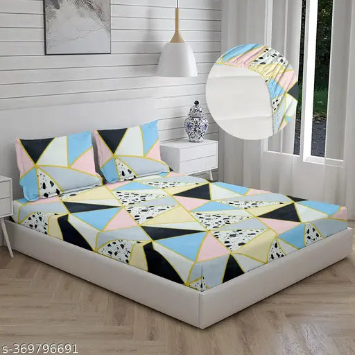 King Size Glace Cotton Elastic Fitted Double Bedsheet, 200 TC, Geometric Pattern, Lightweight, Easy Maintenance