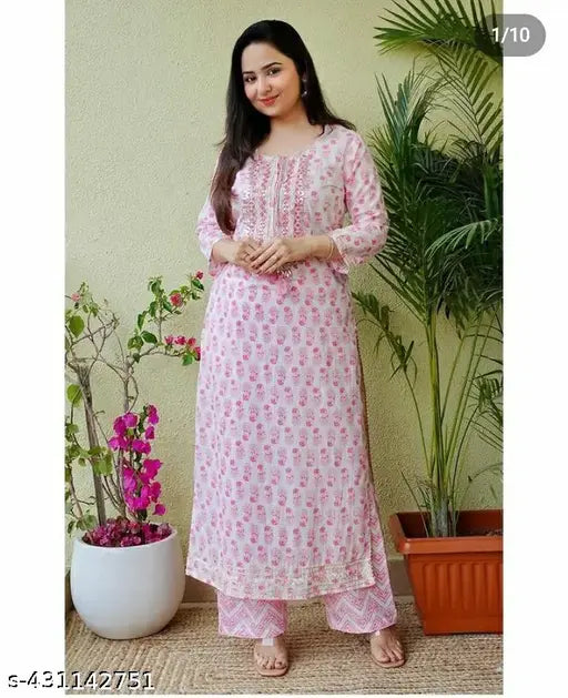 Rayon pink kurti pant with palazzos, three-quarter sleeves, printed net, India origin
