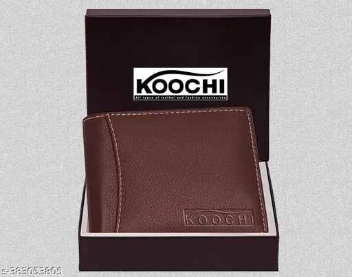 Brown faux leather men's wallet, bi-fold design with 11 card slots, 2 transparent card slots, 2 cash compartments, and 1 coin slot. Solid pattern, free size (11cm x 9cm). Made in India