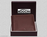 Brown faux leather men's wallet, bi-fold design with 11 card slots, 2 transparent card slots, 2 cash compartments, and 1 coin slot. Solid pattern, free size (11cm x 9cm). Made in India