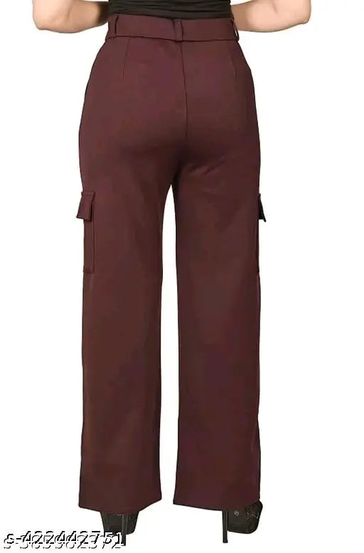 Maroon high rise cargo pants, straight fit, with slanted inset pocket and flap patch